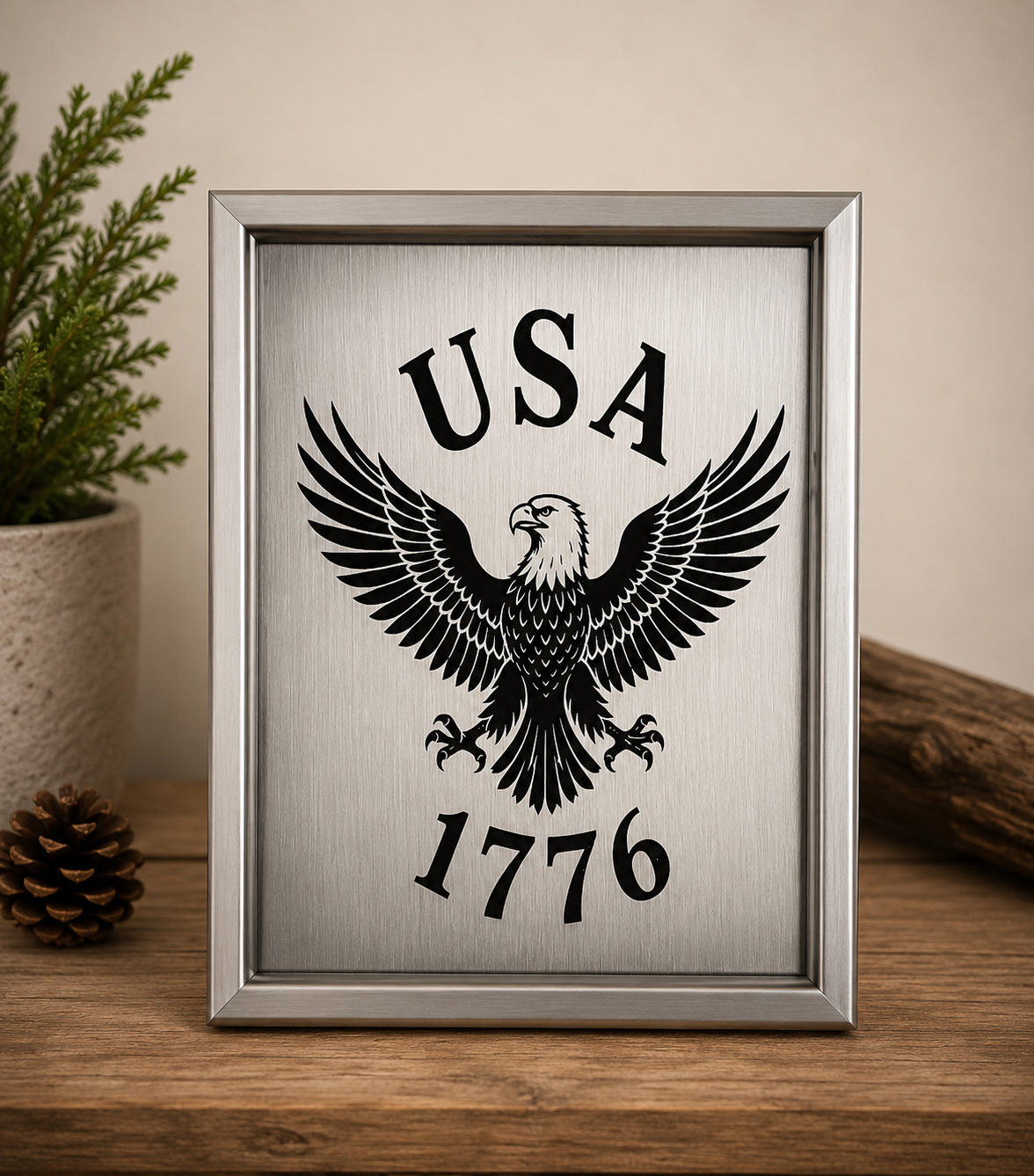 Bald eagle flying over an American flag, engraved on a stainless steel metal wallet