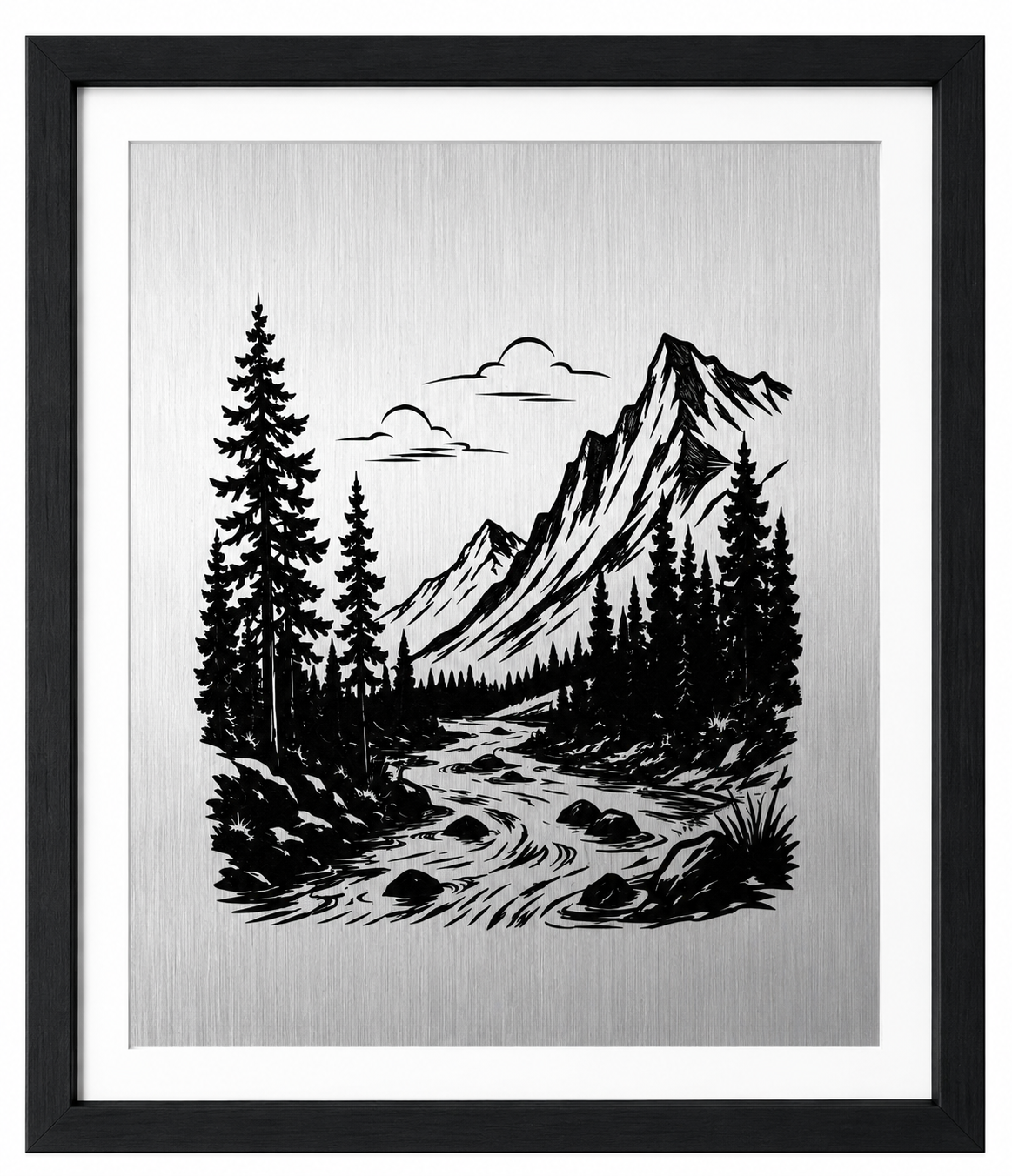 Mountain and forest stream landscape engraved on brushed metal panel