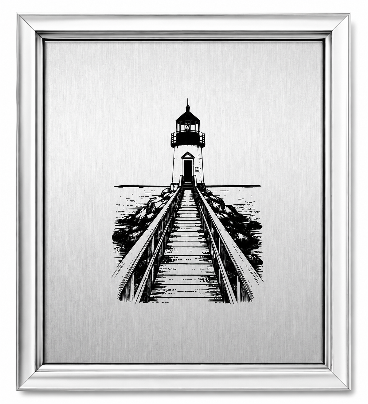 Coastal lighthouse and cottage scene engraved on stainless steel panel