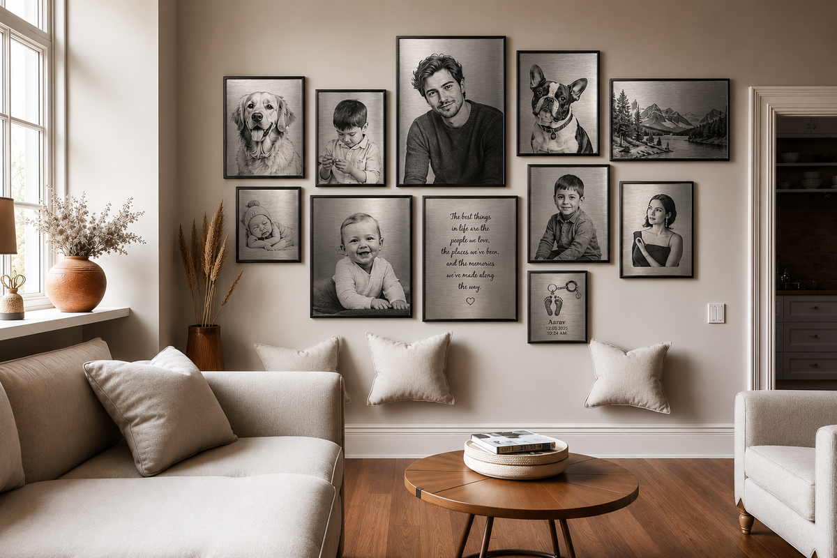 Gallery wall of framed family photographs above a wood console
