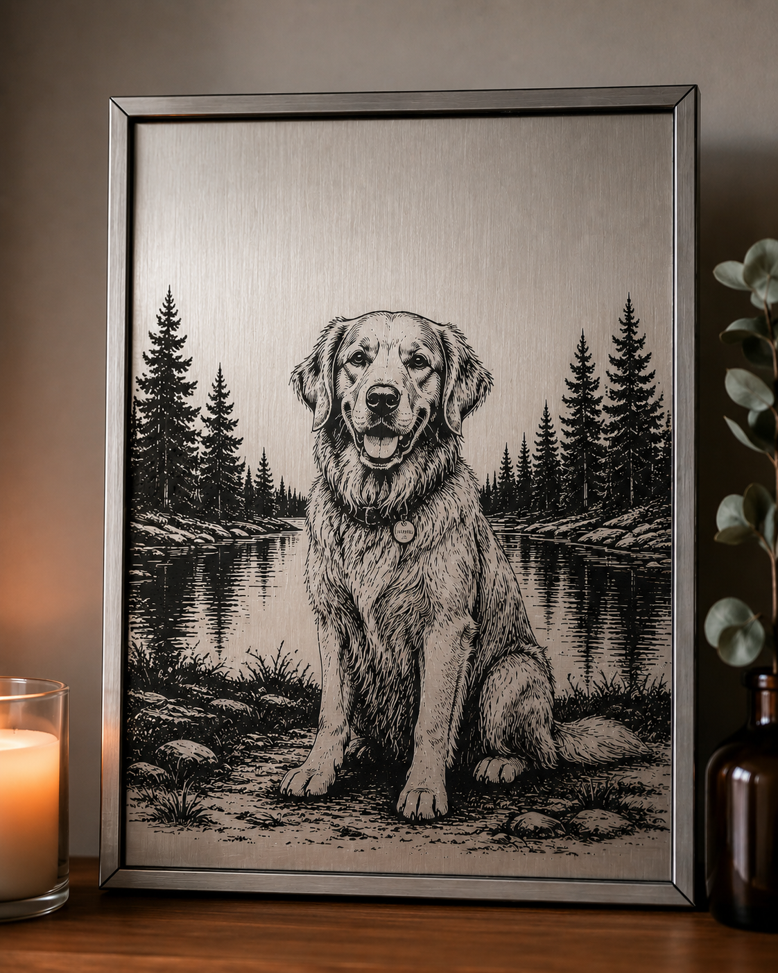 Engraved metal portrait of a golden retriever displayed on a living room shelf