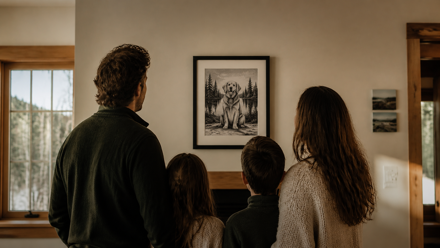 Family standing in their living room looking at a custom engraved metal landscape portrait hanging above the fireplace