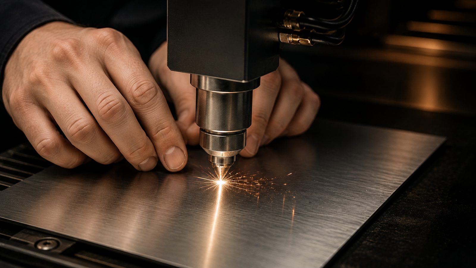Craftsman using a laser engraver to hand-etch a custom photo portrait into metal in a Maine workshop